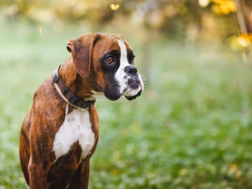Fawn and white Boxer puppy standing outdoors