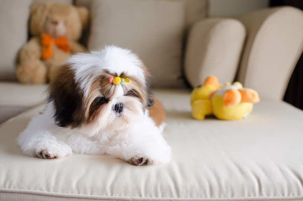 Long-coated Shih Tzu sitting indoors